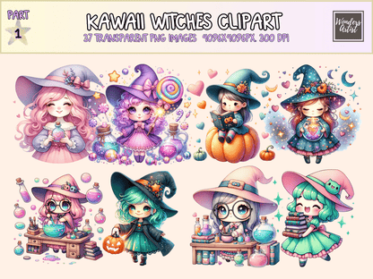 Kawaii Witches Clipart All Bundles Clipart Line Art - WondersArtist