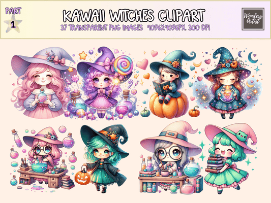Kawaii Witches Clipart All Bundles Clipart Line Art - WondersArtist