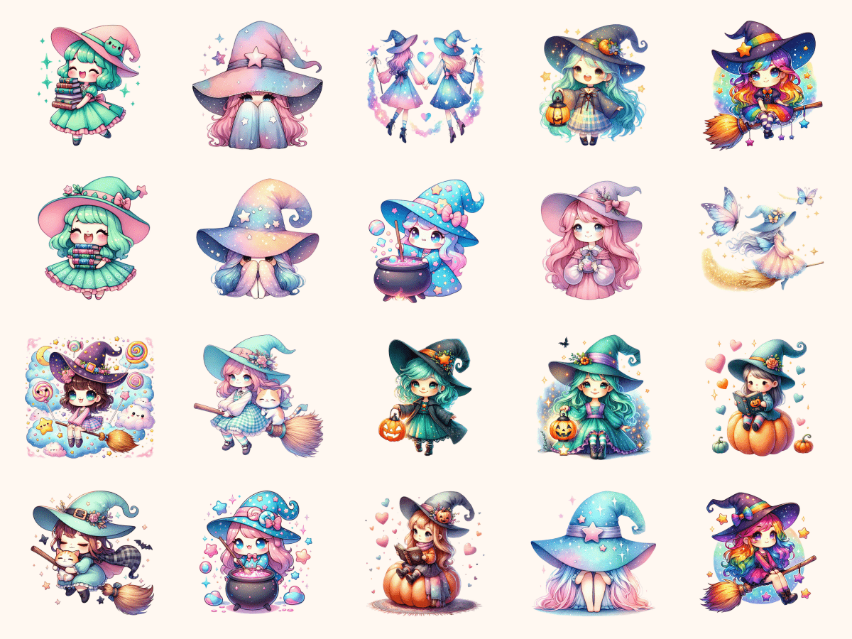 Kawaii Witches Clipart All Bundles Clipart Line Art - WondersArtist