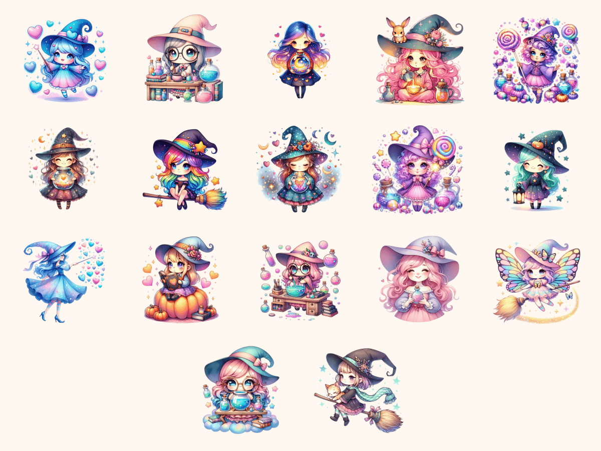 Kawaii Witches Clipart All Bundles Clipart Line Art - WondersArtist
