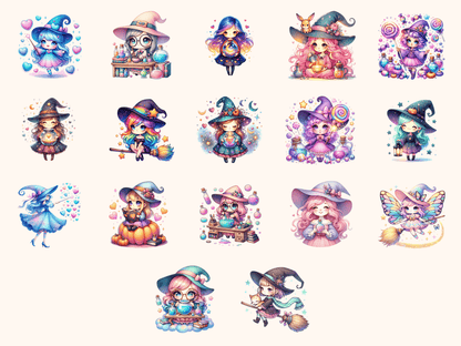 Kawaii Witches Clipart All Bundles Clipart Line Art - WondersArtist