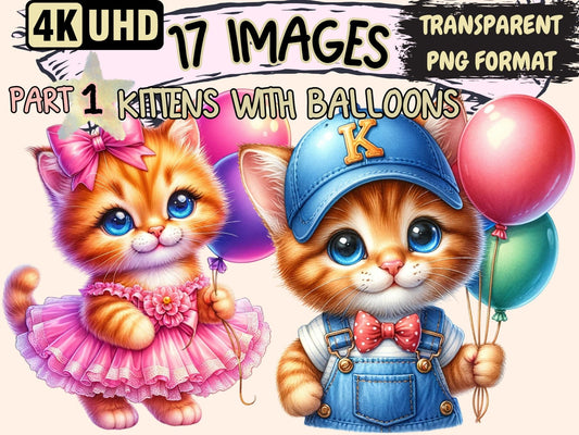 Kittens with Balloons Clipart - High - Quality Instant Digital Download for Creative Projects