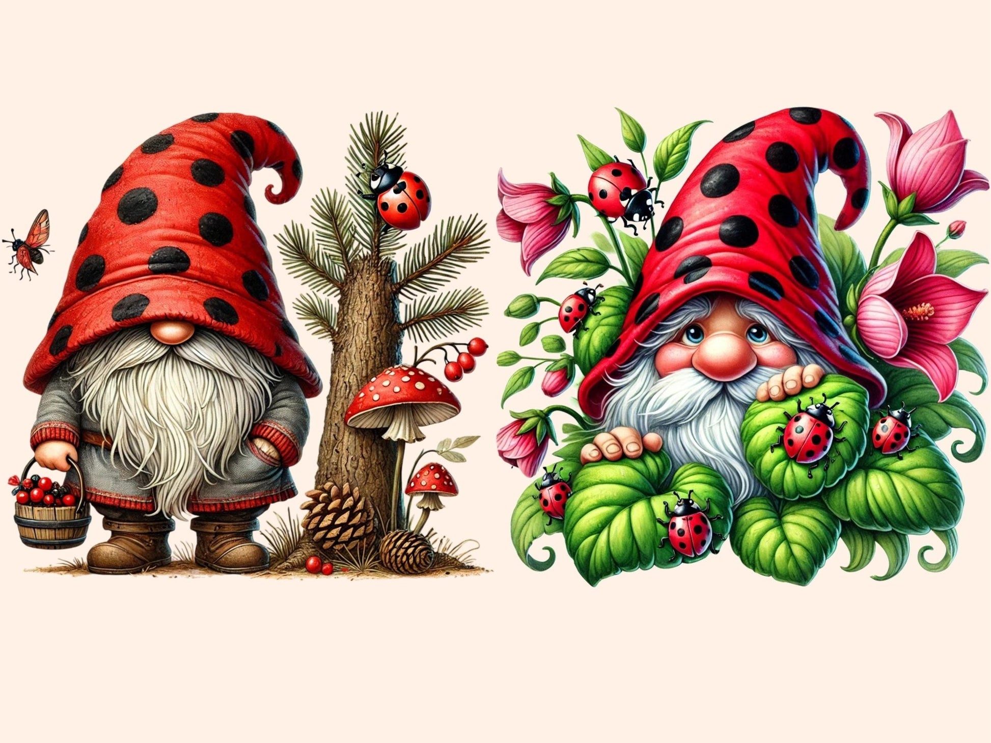 Ladybug Gnomes (P1) Clipart - High - Quality Instant Digital Download for Creative Projects