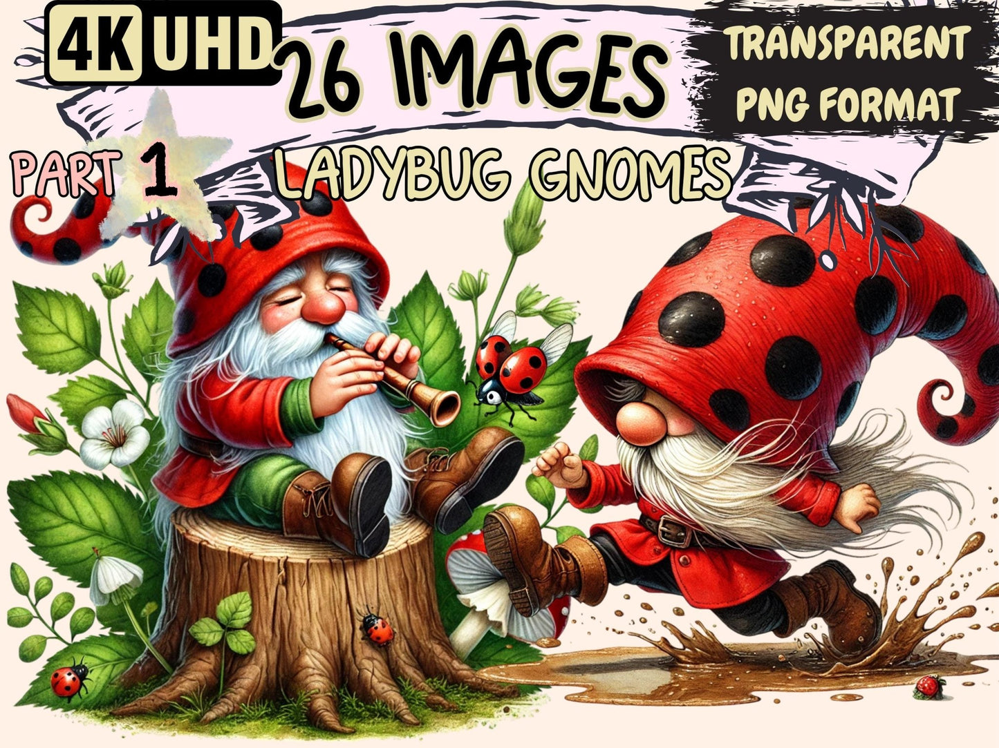 Ladybug Gnomes (P1) Clipart - High - Quality Instant Digital Download for Creative Projects