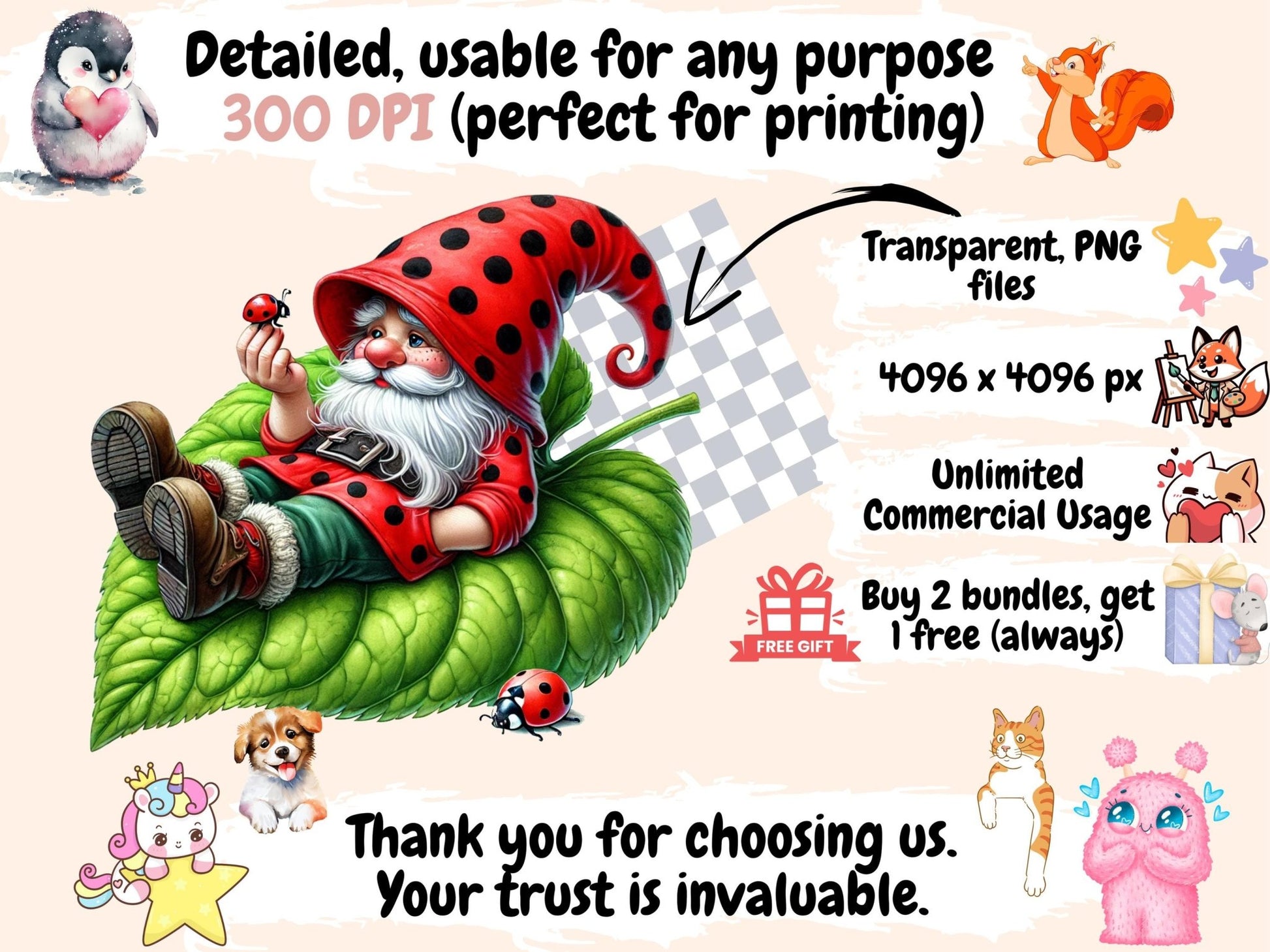 Ladybug Gnomes (P1) Clipart - High - Quality Instant Digital Download for Creative Projects