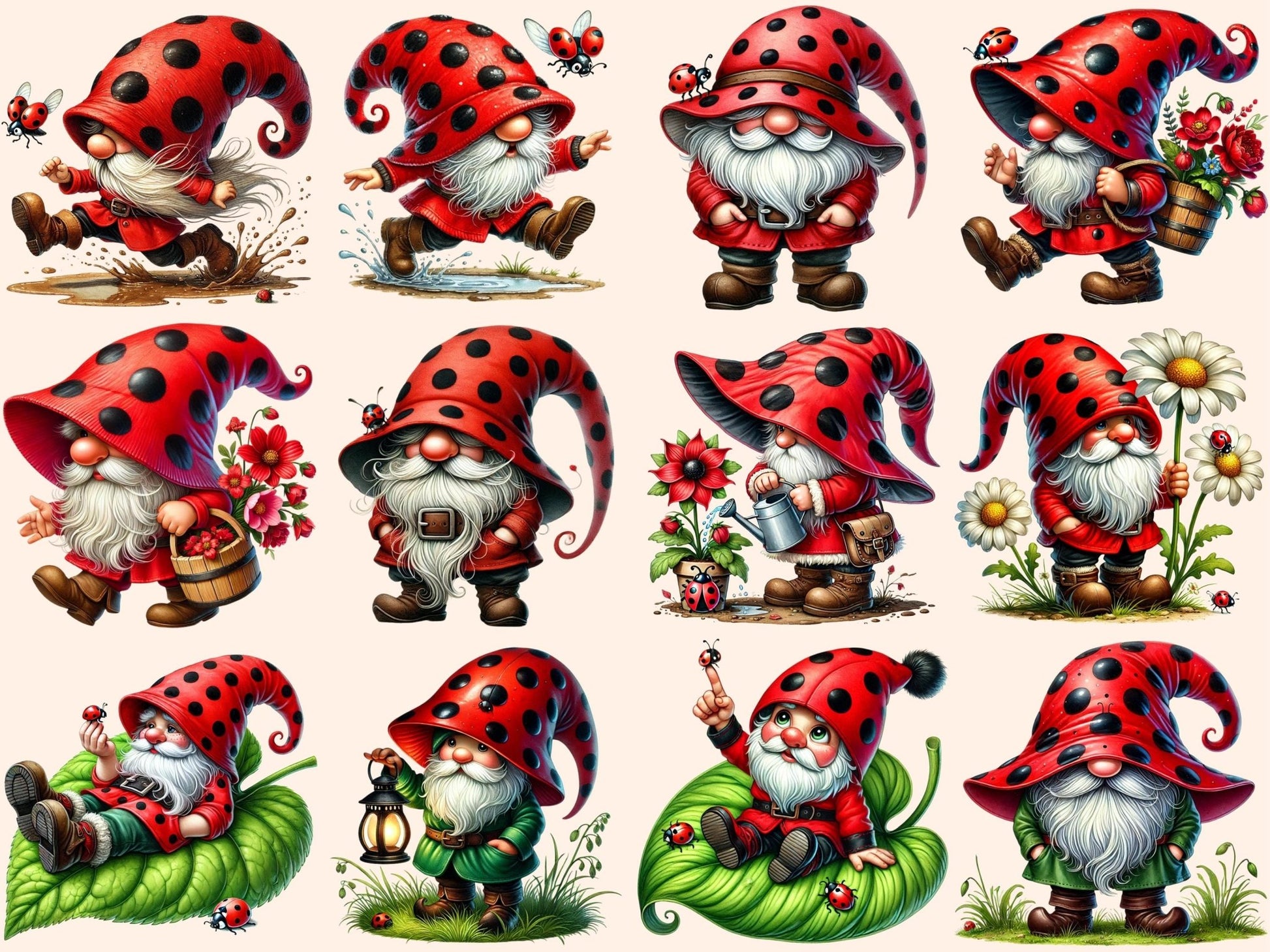 Ladybug Gnomes (P1) Clipart - High - Quality Instant Digital Download for Creative Projects