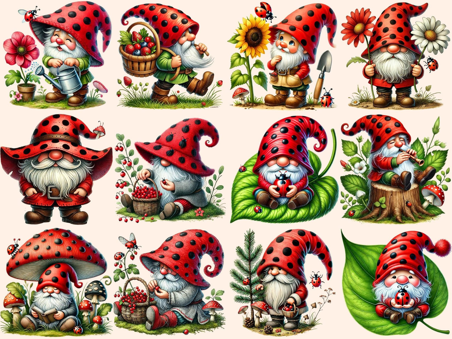 Ladybug Gnomes (P1) Clipart - High - Quality Instant Digital Download for Creative Projects