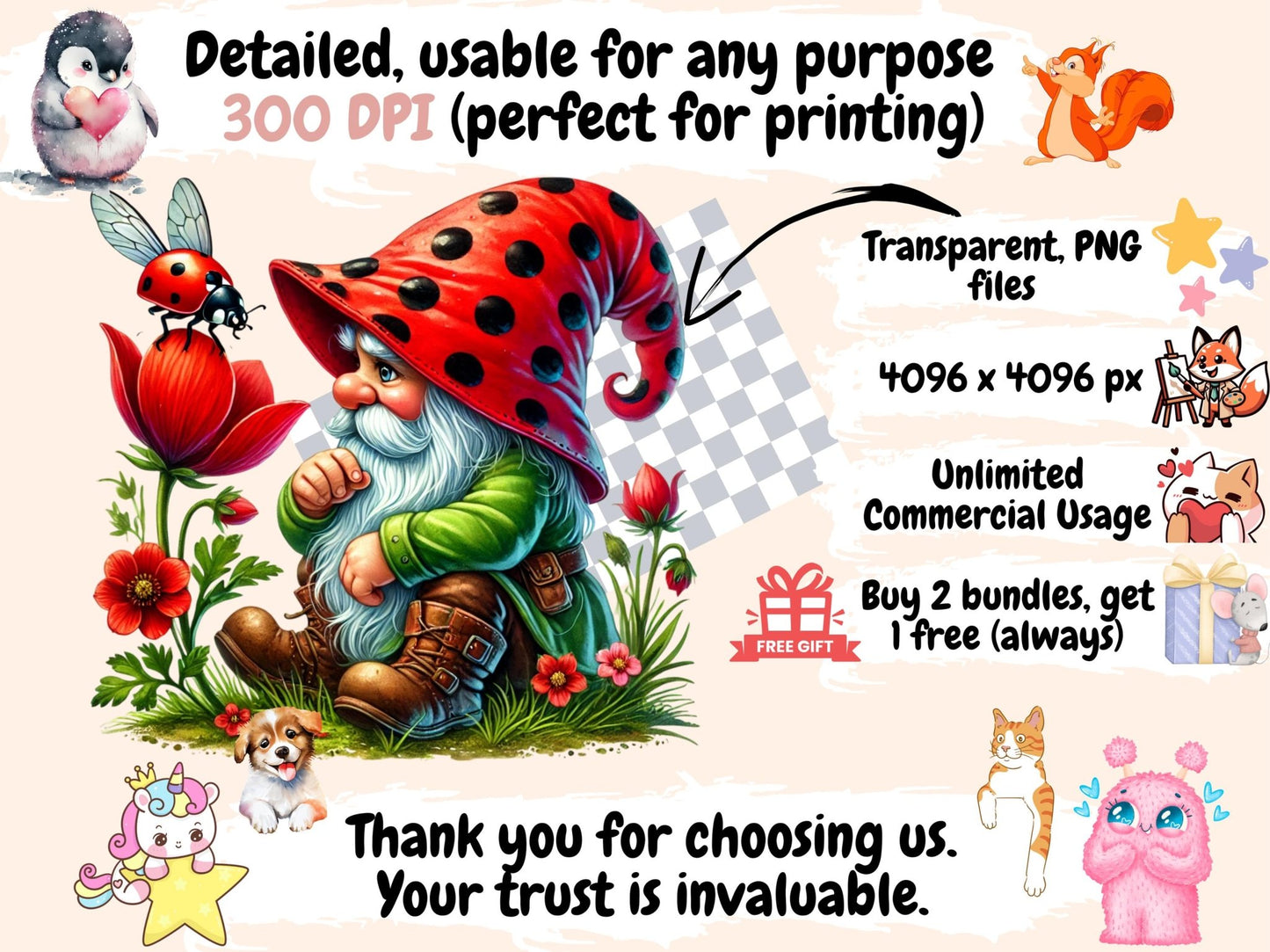 Ladybug Gnomes (P2) Clipart - High - Quality Instant Digital Download for Creative Projects