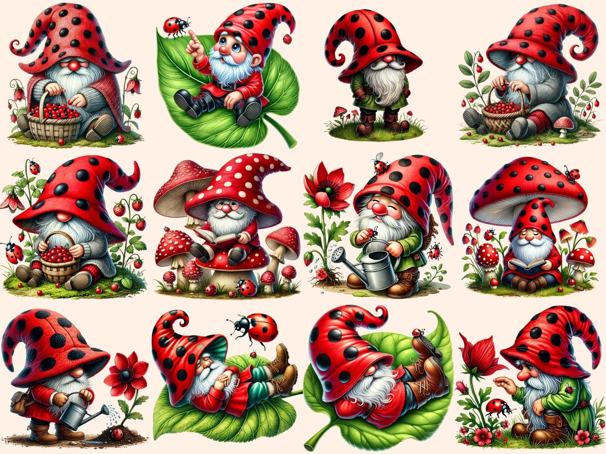 Ladybug Gnomes (P2) Clipart - High - Quality Instant Digital Download for Creative Projects