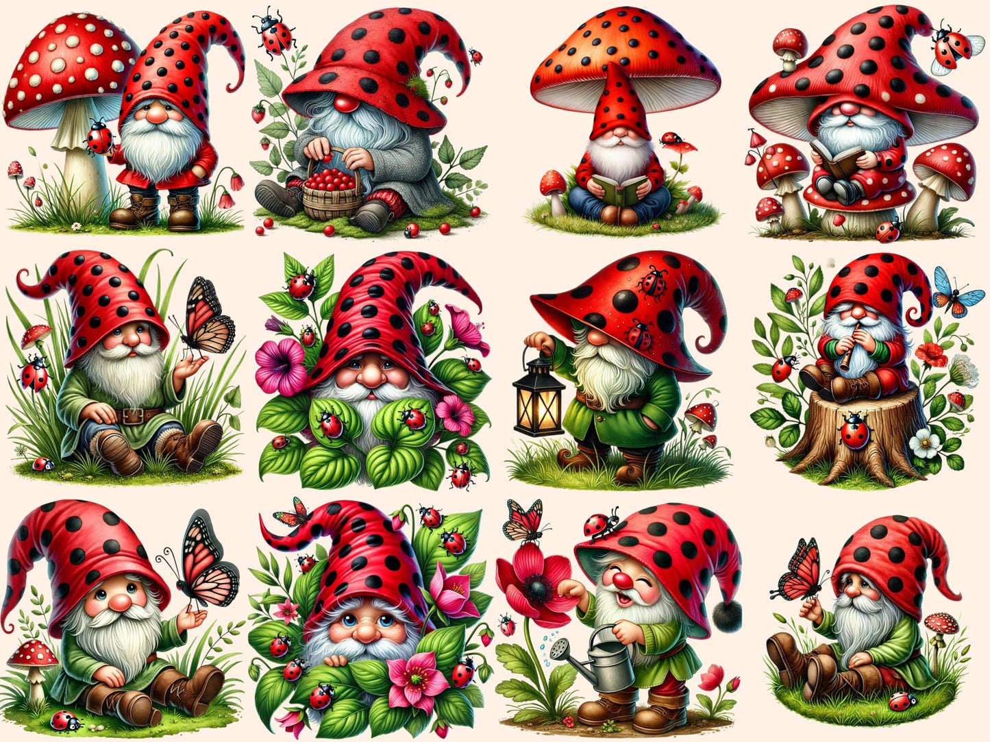 Ladybug Gnomes (P2) Clipart - High - Quality Instant Digital Download for Creative Projects