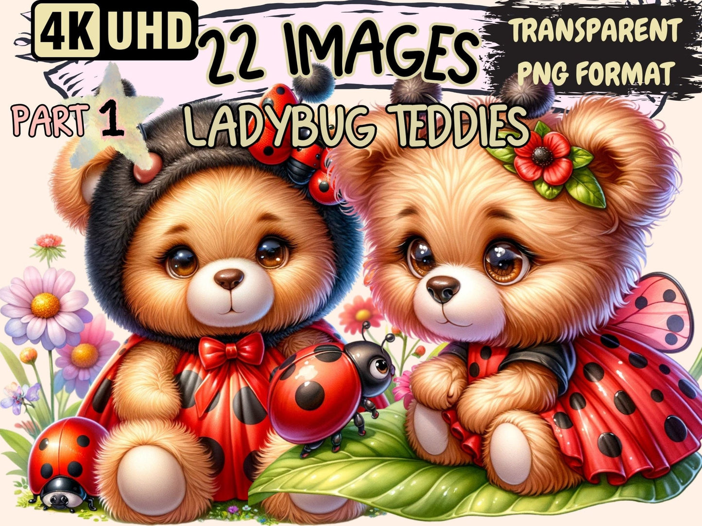 Ladybug Teddies Clipart - High - Quality Instant Digital Download for Creative Projects