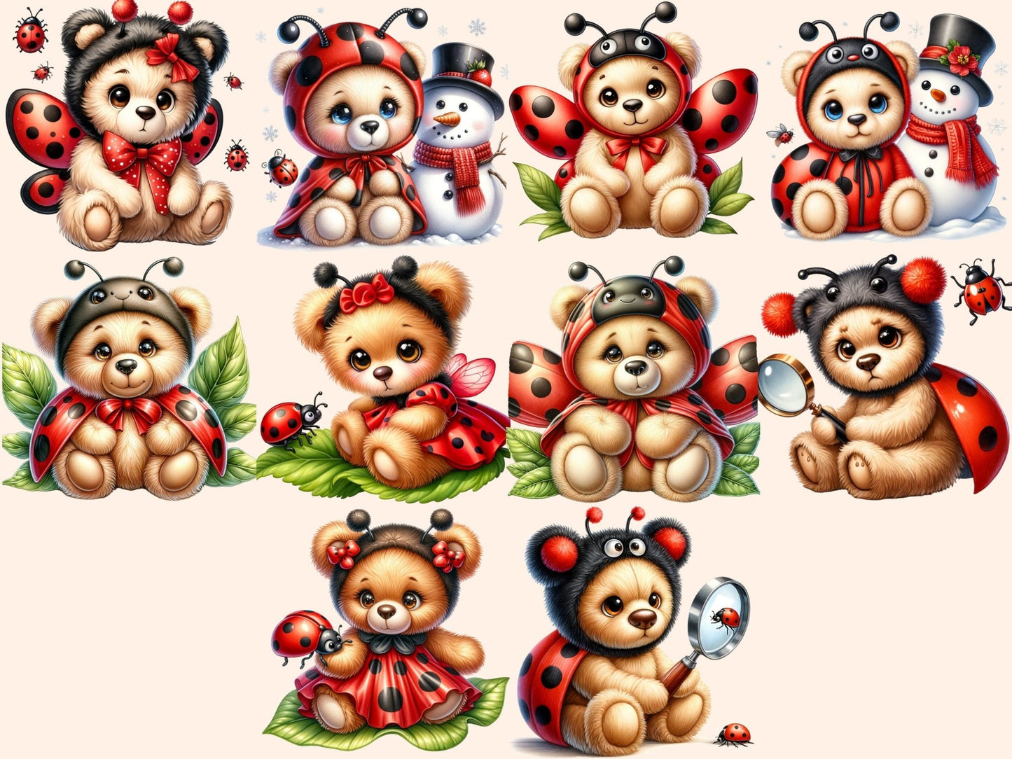 Ladybug Teddies Clipart - High - Quality Instant Digital Download for Creative Projects