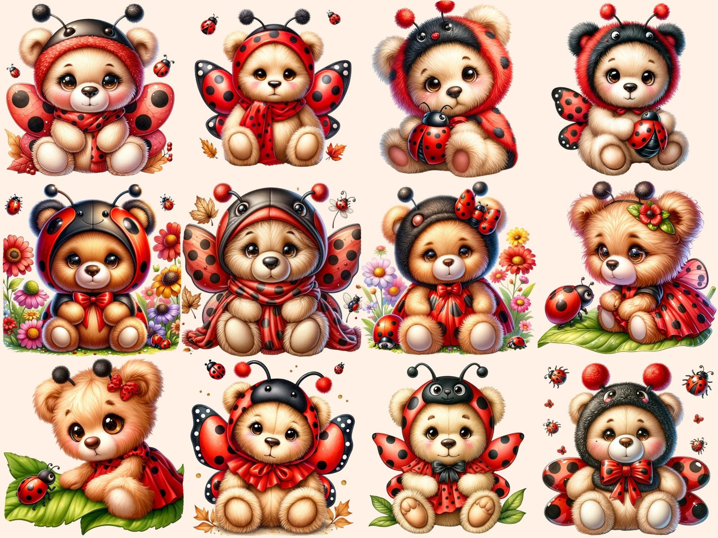 Ladybug Teddies Clipart - High - Quality Instant Digital Download for Creative Projects