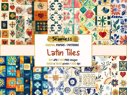 Latin Tiles Seamless Pattern Digital Papers boho tile print ceramic pattern colorful tiles - WondersArtist