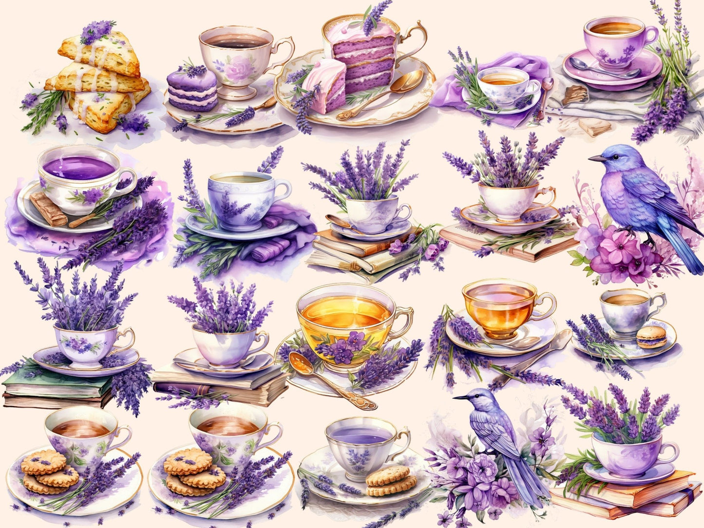 Lavender Tea Watercolor Clipart - High - Quality Instant Digital Download for Creative Projects