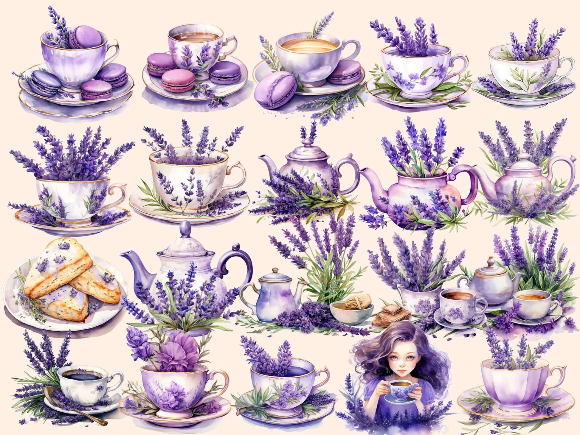 Lavender Tea Watercolor Clipart - High - Quality Instant Digital Download for Creative Projects