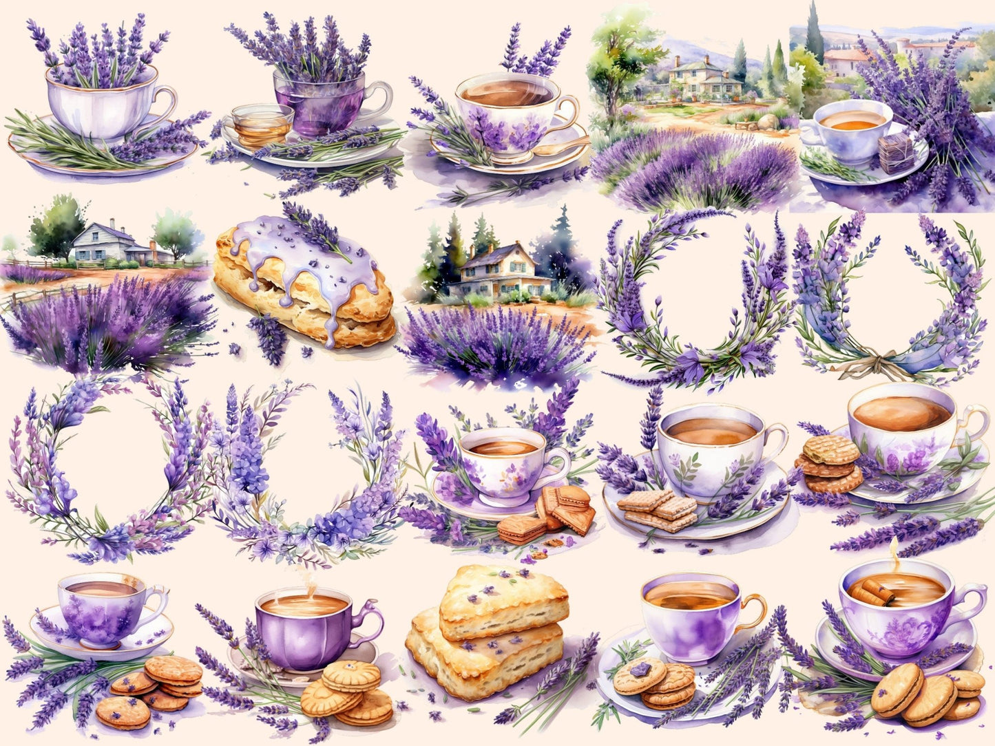 Lavender Tea Watercolor Clipart - High - Quality Instant Digital Download for Creative Projects