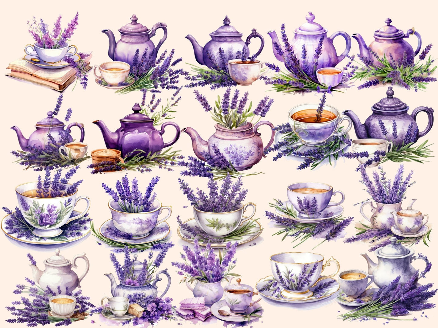 Lavender Tea Watercolor Clipart - High - Quality Instant Digital Download for Creative Projects