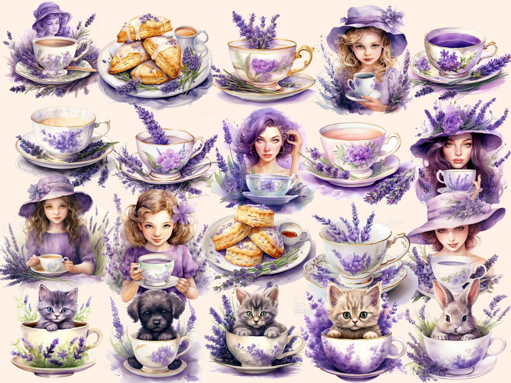 Lavender Tea Watercolor Clipart - High - Quality Instant Digital Download for Creative Projects