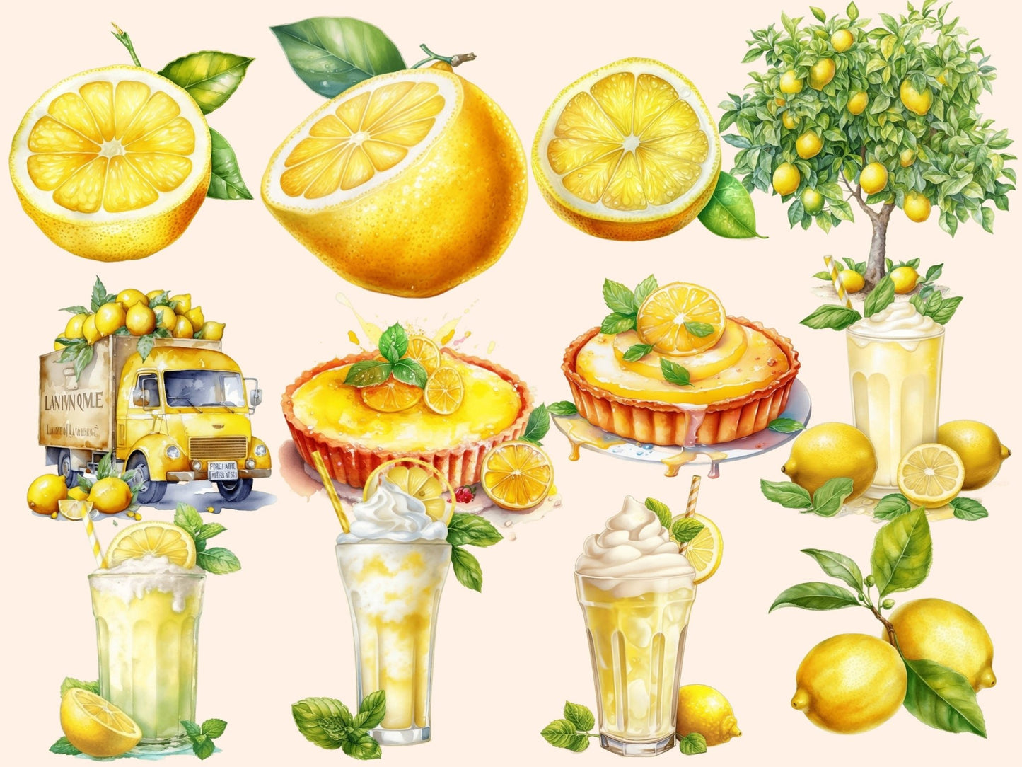 Lemons Watercolor Clipart - High - Quality Instant Digital Download for Creative Projects