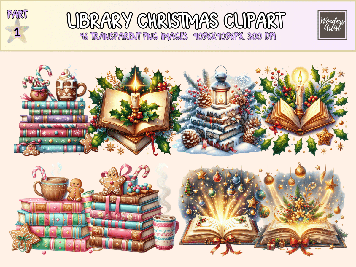 Library Christmas Clipart All Bundles Clipart Line Art - WondersArtist
