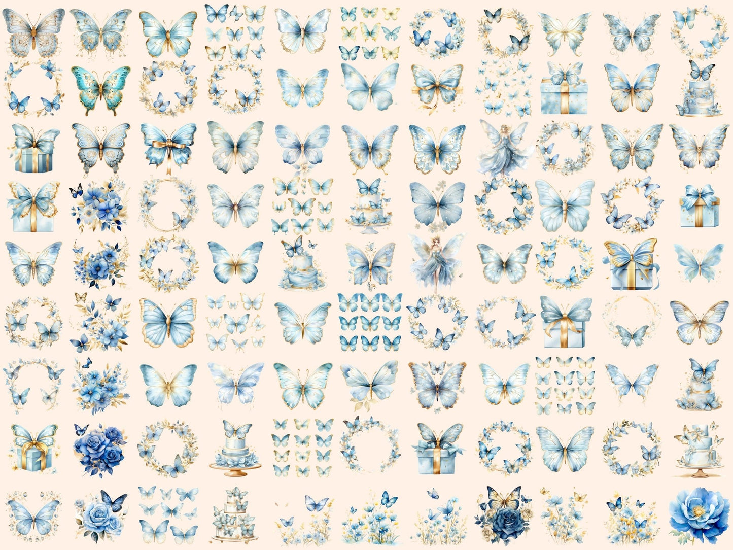 Light Blue Butterflies Watercolor Clipart - High - Quality Instant Digital Download for Creative Projects