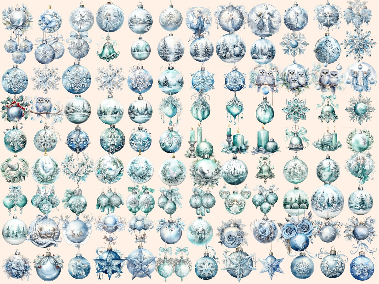 Light Blue & Silver Christmas Ornaments Watercolor Clipart - High - Quality Instant Digital Download for Creative Projects