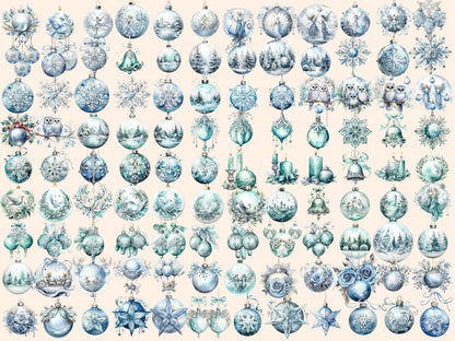 Light Blue & Silver Christmas Ornaments Watercolor Clipart blue christmas png - Wonders Artist