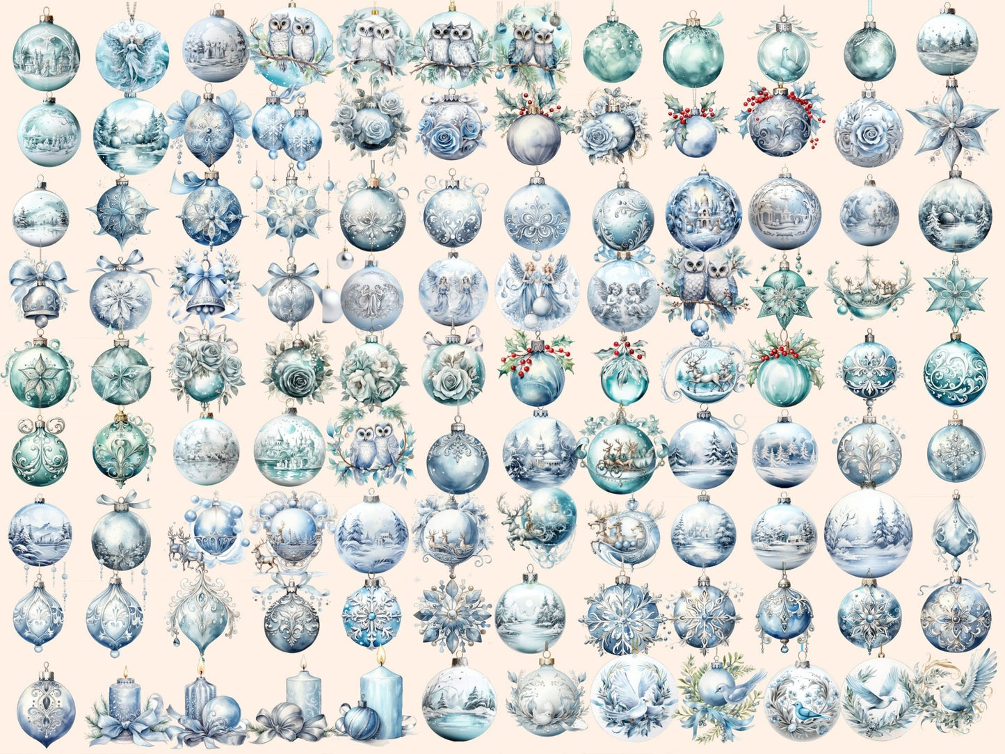 Light Blue & Silver Christmas Ornaments Watercolor Clipart - High - Quality Instant Digital Download for Creative Projects