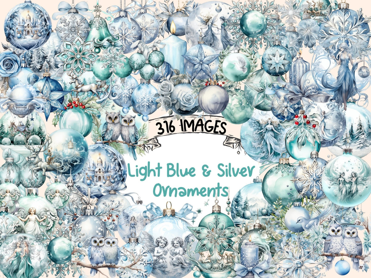 Light Blue & Silver Christmas Ornaments Watercolor Clipart - High - Quality Instant Digital Download for Creative Projects