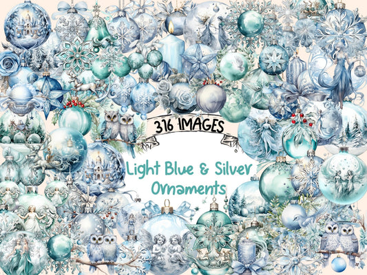 Light Blue & Silver Christmas Ornaments Watercolor Clipart - High - Quality Instant Digital Download for Creative Projects