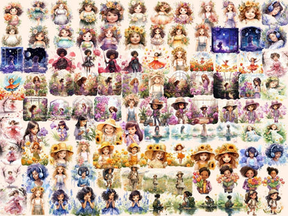 Little Flower Girls Watercolor Clipart cute girl clipart - Wonders Artist