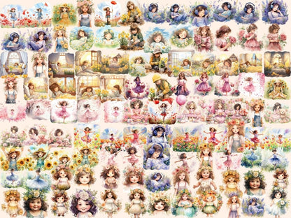 Little Flower Girls Watercolor Clipart cute girl clipart - Wonders Artist