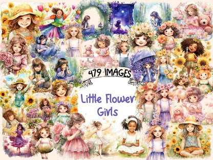 Little Flower Girls Watercolor Clipart cute girl clipart - Wonders Artist