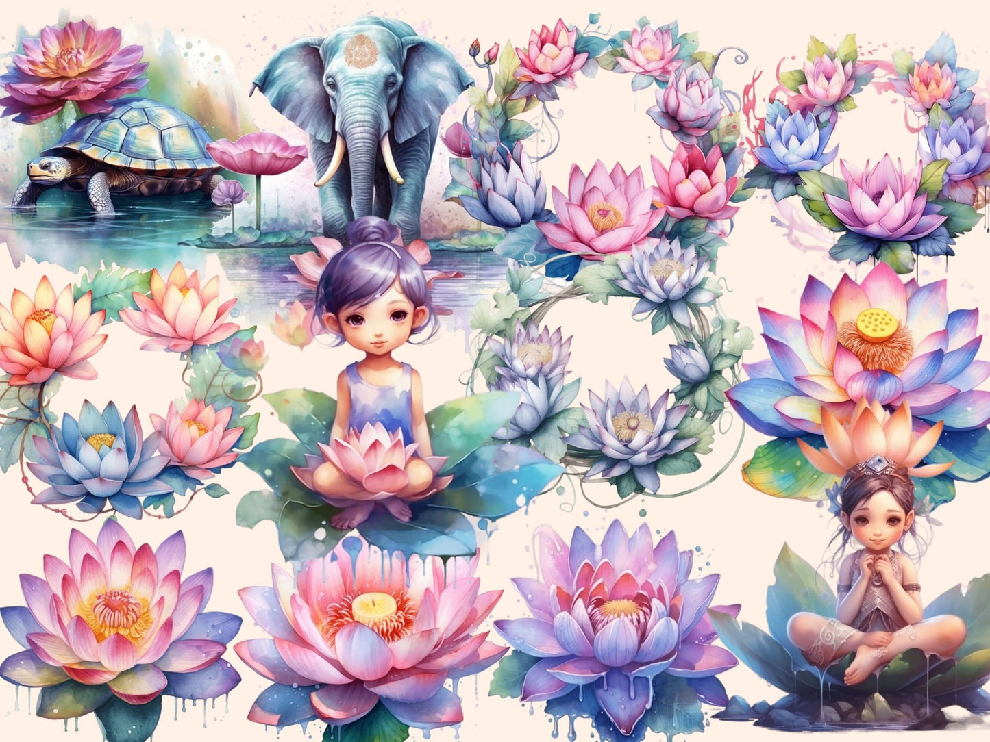 Lotus Flowers Watercolor Clipart - High - Quality Instant Digital Download for Creative Projects