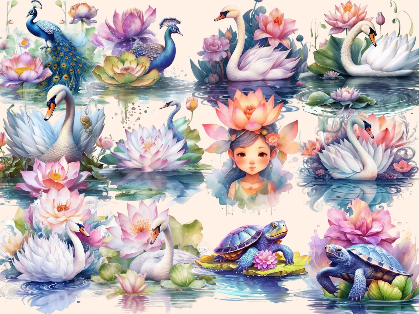 Lotus Flowers Watercolor Clipart - High - Quality Instant Digital Download for Creative Projects