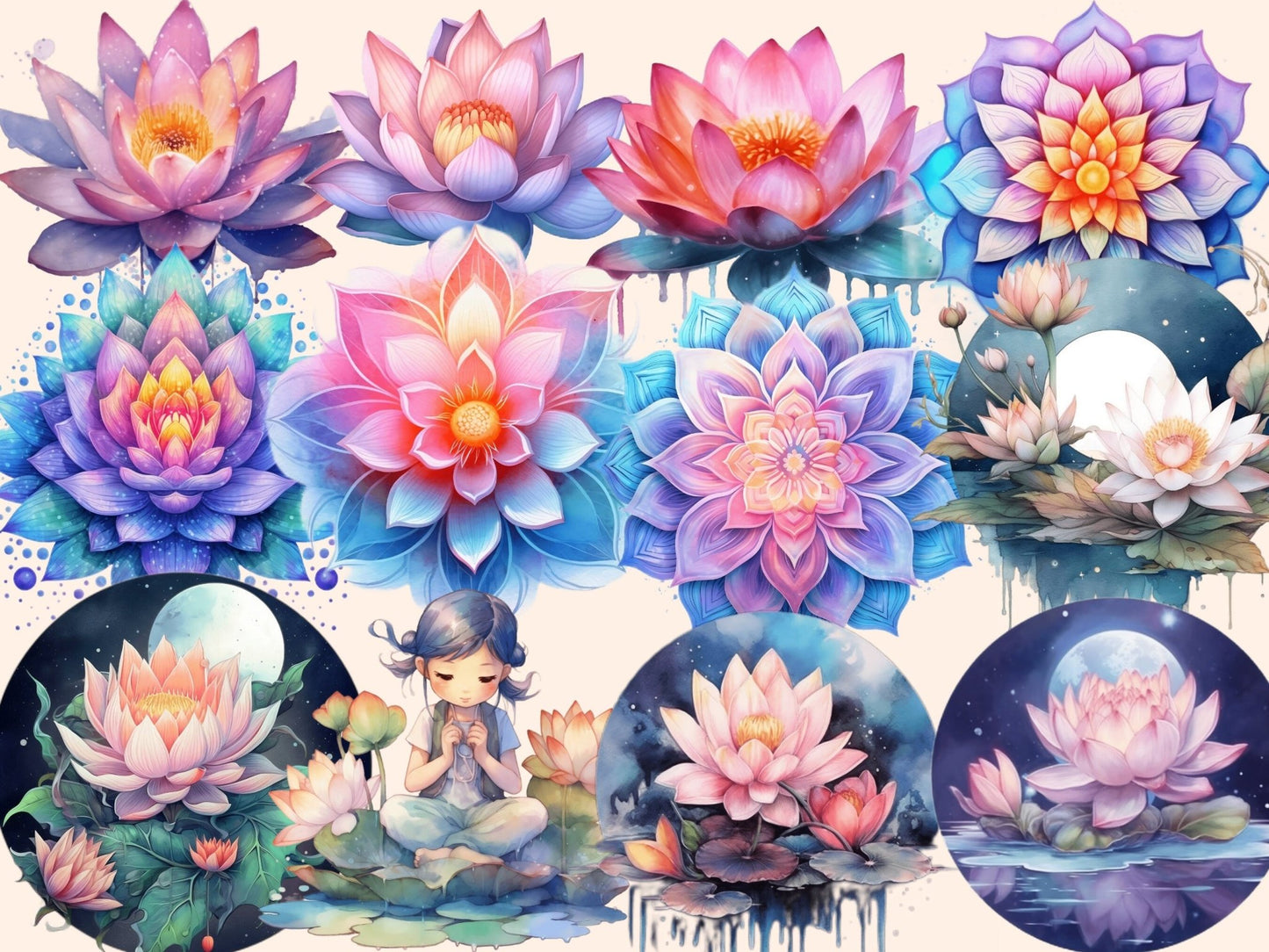 Lotus Flowers Watercolor Clipart - High - Quality Instant Digital Download for Creative Projects