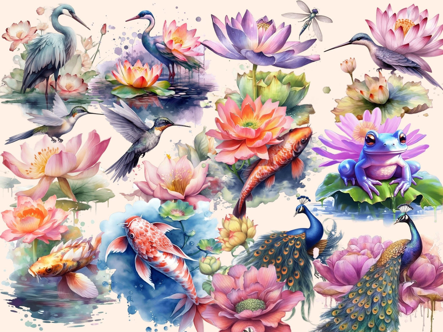 Lotus Flowers Watercolor Clipart - High - Quality Instant Digital Download for Creative Projects