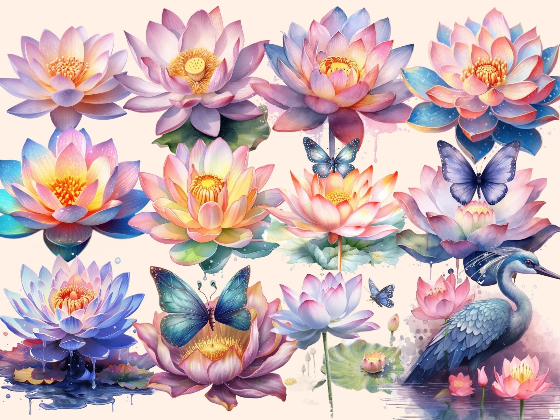 Lotus Flowers Watercolor Clipart - High - Quality Instant Digital Download for Creative Projects