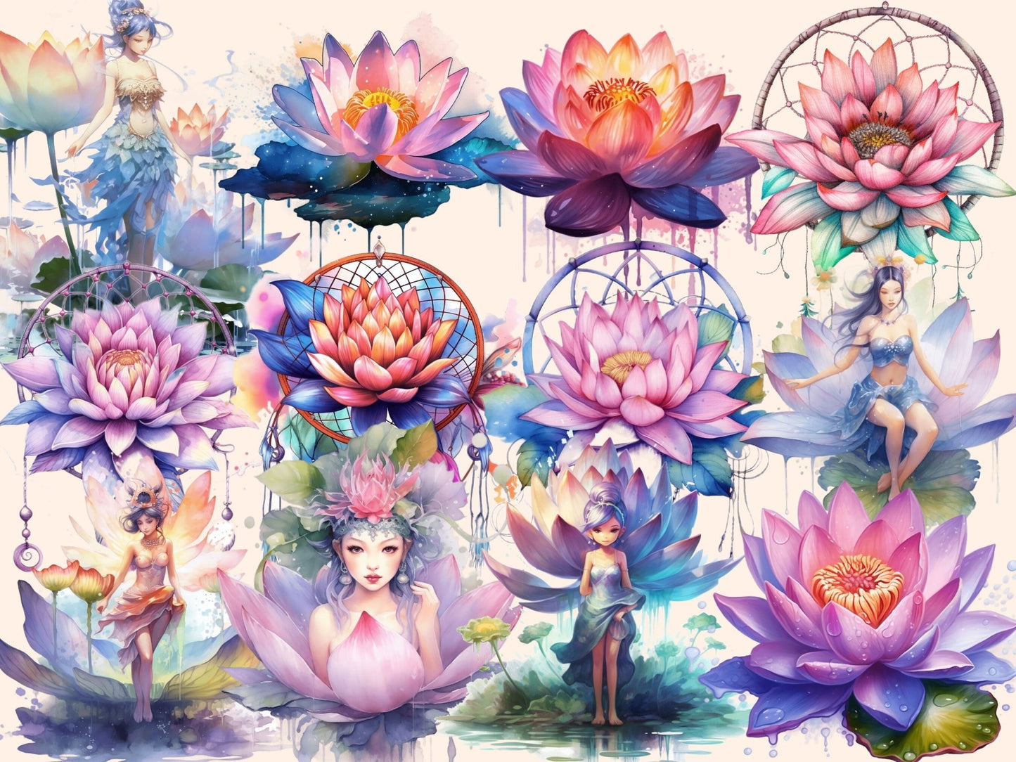 Lotus Flowers Watercolor Clipart - High - Quality Instant Digital Download for Creative Projects