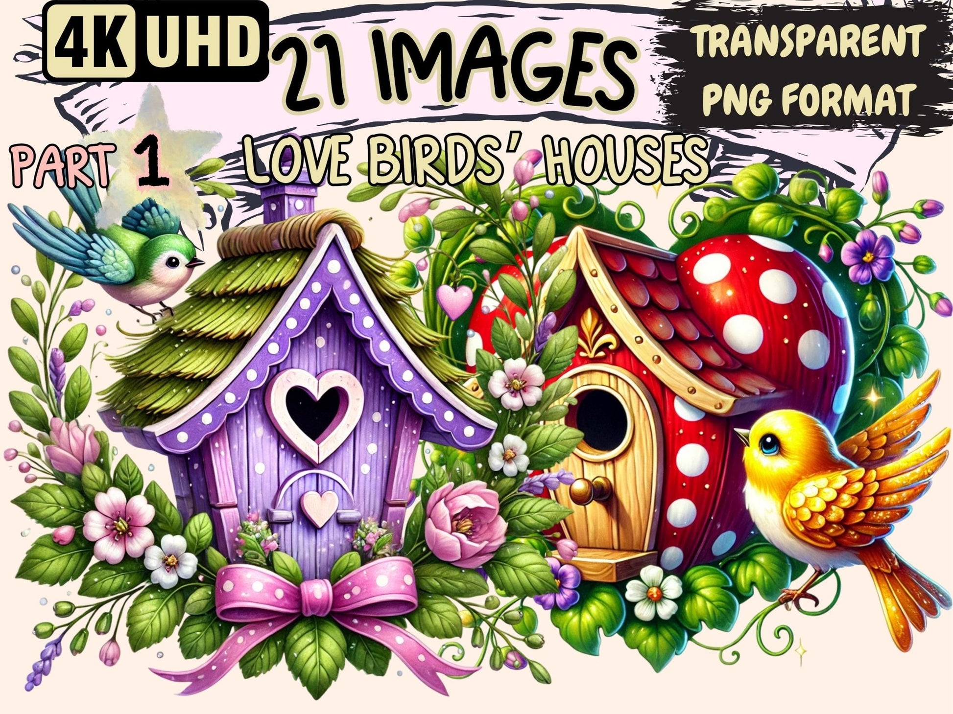 Love Birds' Houses Clipart - High - Quality Instant Digital Download for Creative Projects