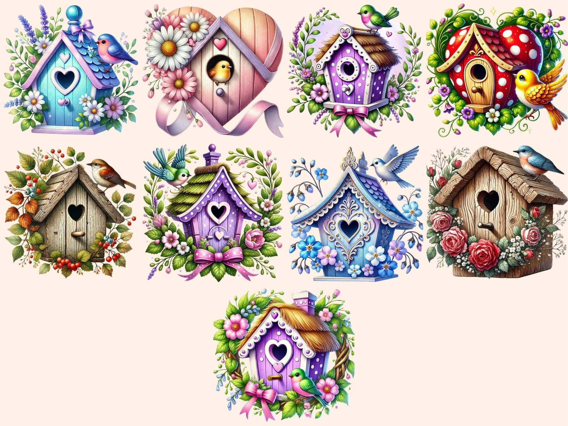 Love Birds' Houses Clipart - High - Quality Instant Digital Download for Creative Projects