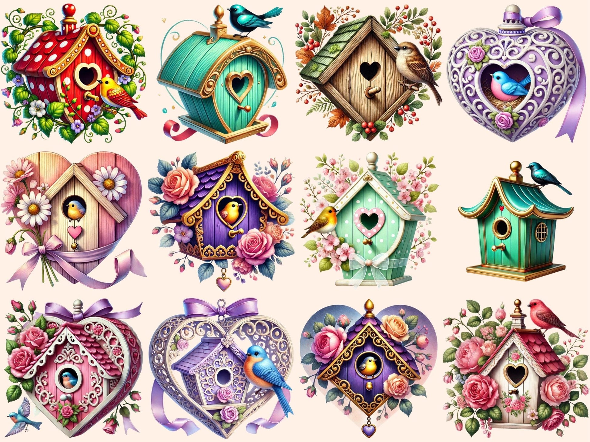 Love Birds' Houses Clipart - High - Quality Instant Digital Download for Creative Projects