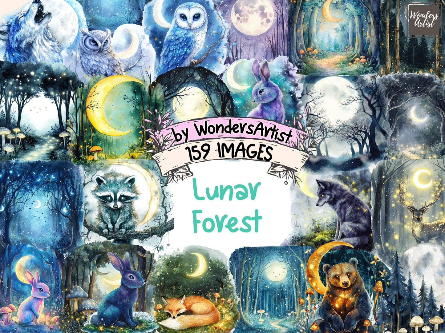 Lunar Forest Watercolor Clipart - High - Quality Instant Digital Download for Creative Projects