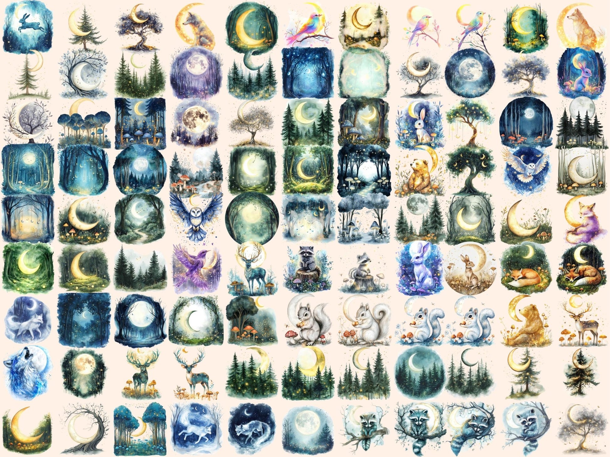 Lunar Forest Watercolor Clipart - High - Quality Instant Digital Download for Creative Projects