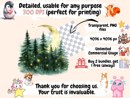 Lunar Forest Watercolor Clipart Celestial Forest Art - Wonders Artist