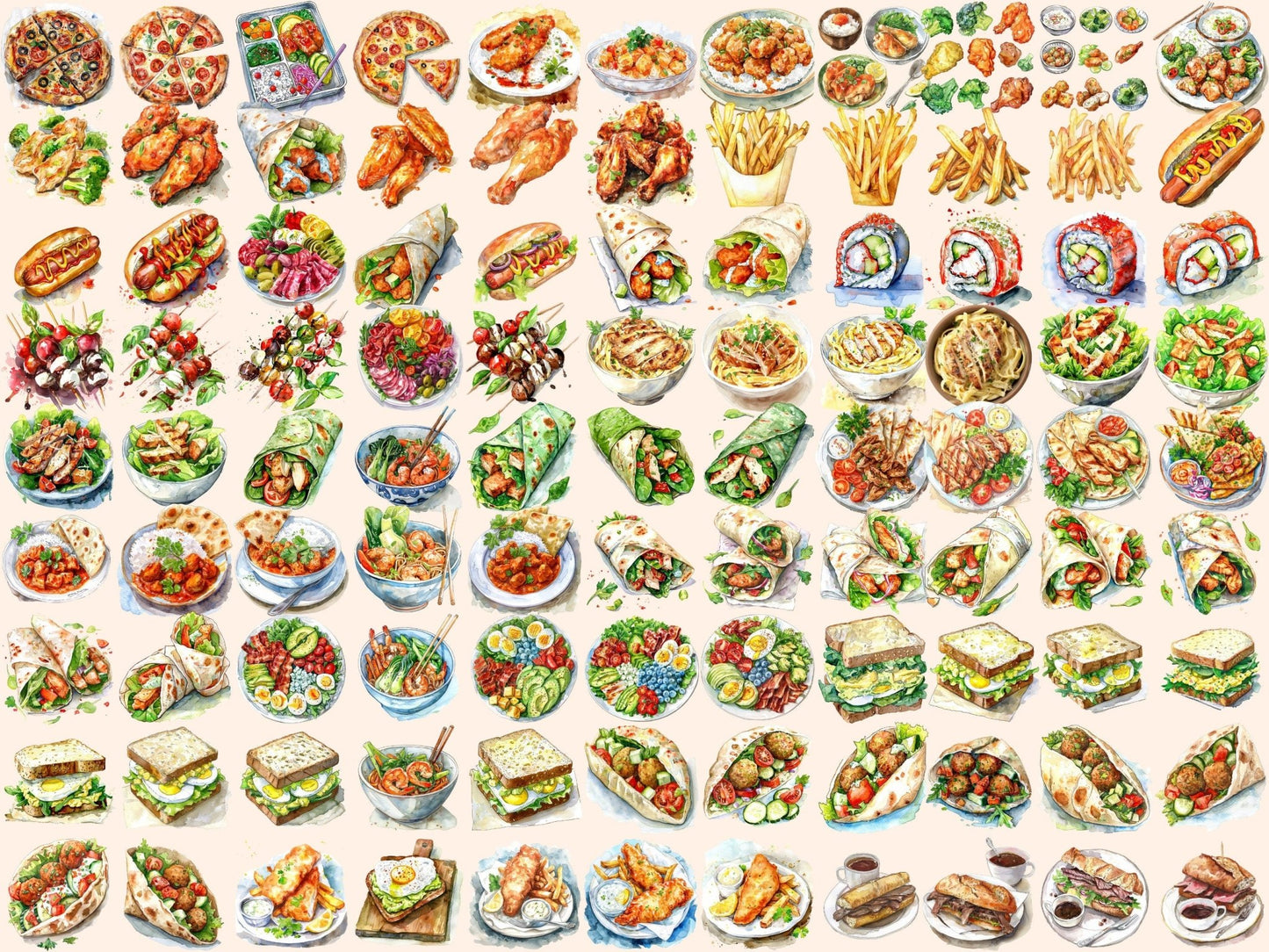 Lunch Foods Watercolor Clipart - High - Quality Instant Digital Download for Creative Projects