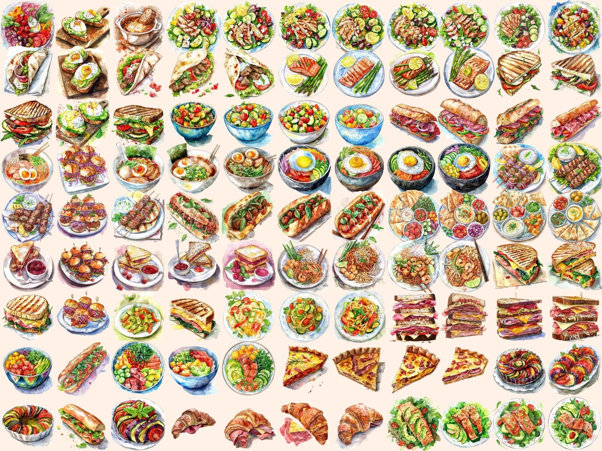 Lunch Foods Watercolor Clipart - High - Quality Instant Digital Download for Creative Projects