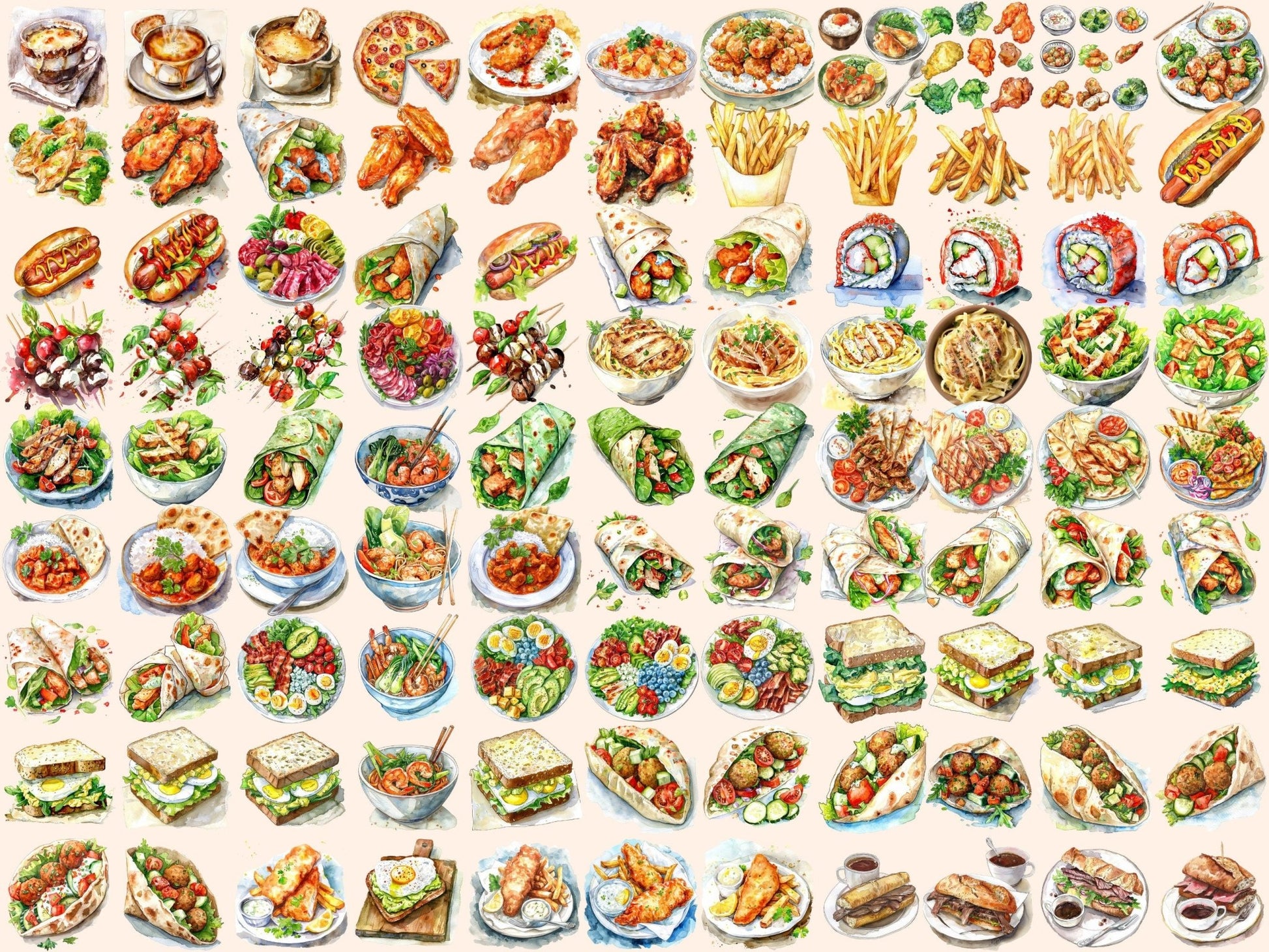 Lunch Foods Watercolor Clipart - High - Quality Instant Digital Download for Creative Projects