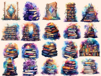 Magical Books Watercolor Clipart book stacks clipart - Wonders Artist